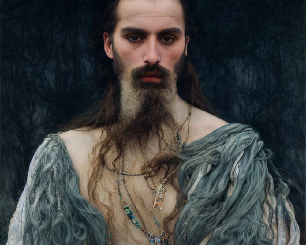 Bearded person in draped garment with jewelry on dark background