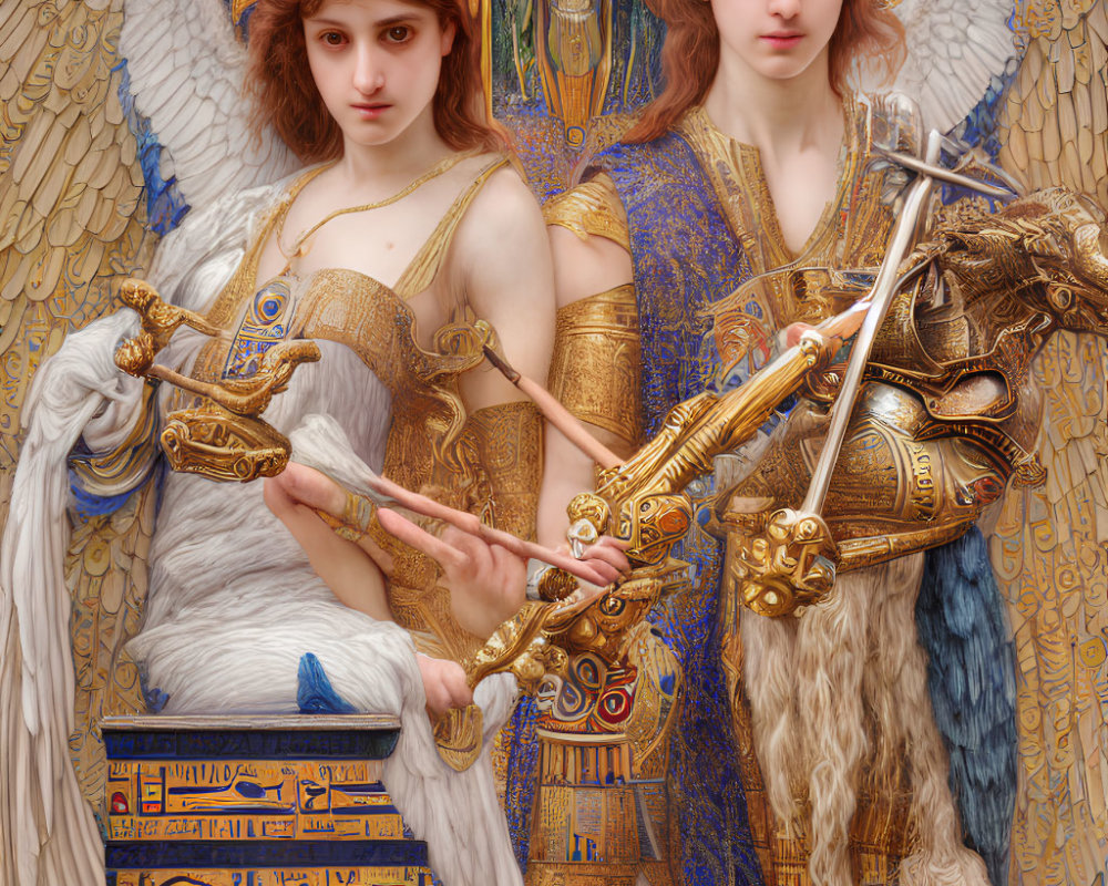 Digital artwork: Intricate angelic figures in ornate armor and wings on golden hieroglyphic