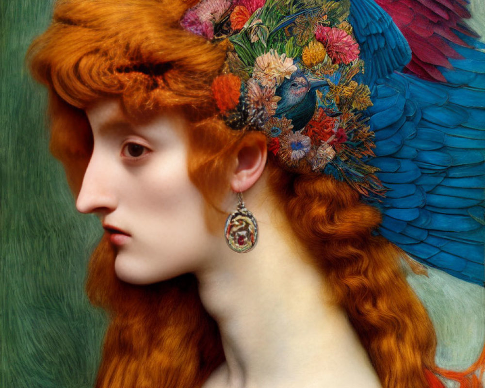 Vibrant painting of woman with red hair, flowers, parrot, and blue bird wings