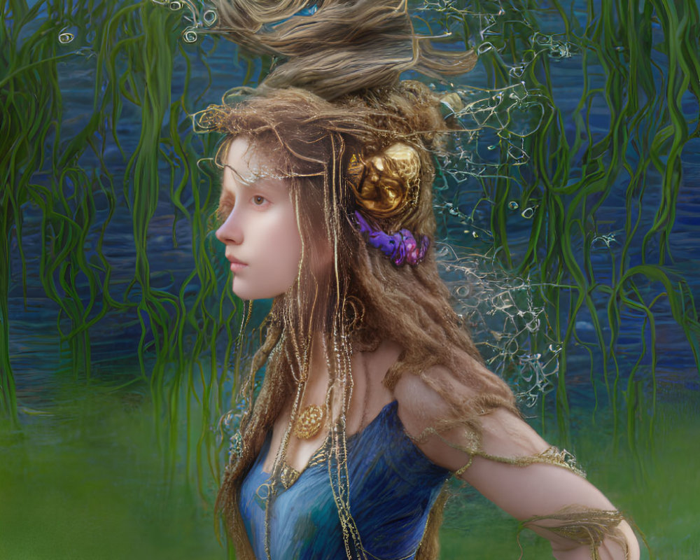 Young woman fantasy portrait with embellished hair and blue dress in green, willow-like backdrop