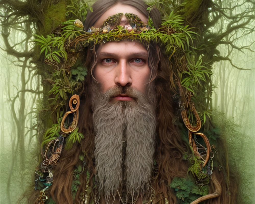 Bearded man with nature headdress in misty forest