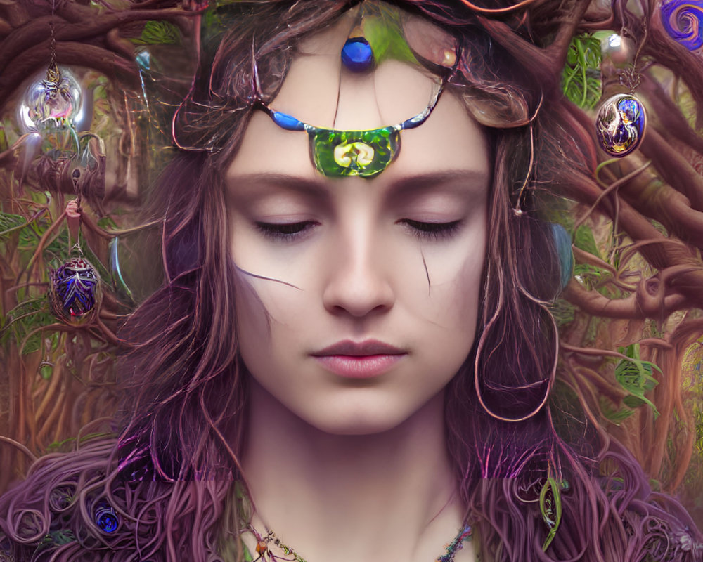 Person with closed eyes in vibrant headdress against twisted tree branches