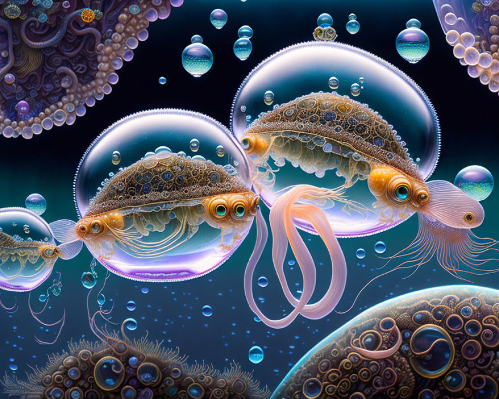 Ornate fish-like creatures in surreal underwater scene