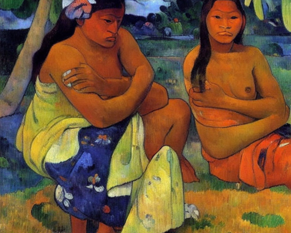 Two women with solemn expressions in bold colors against tropical backdrop