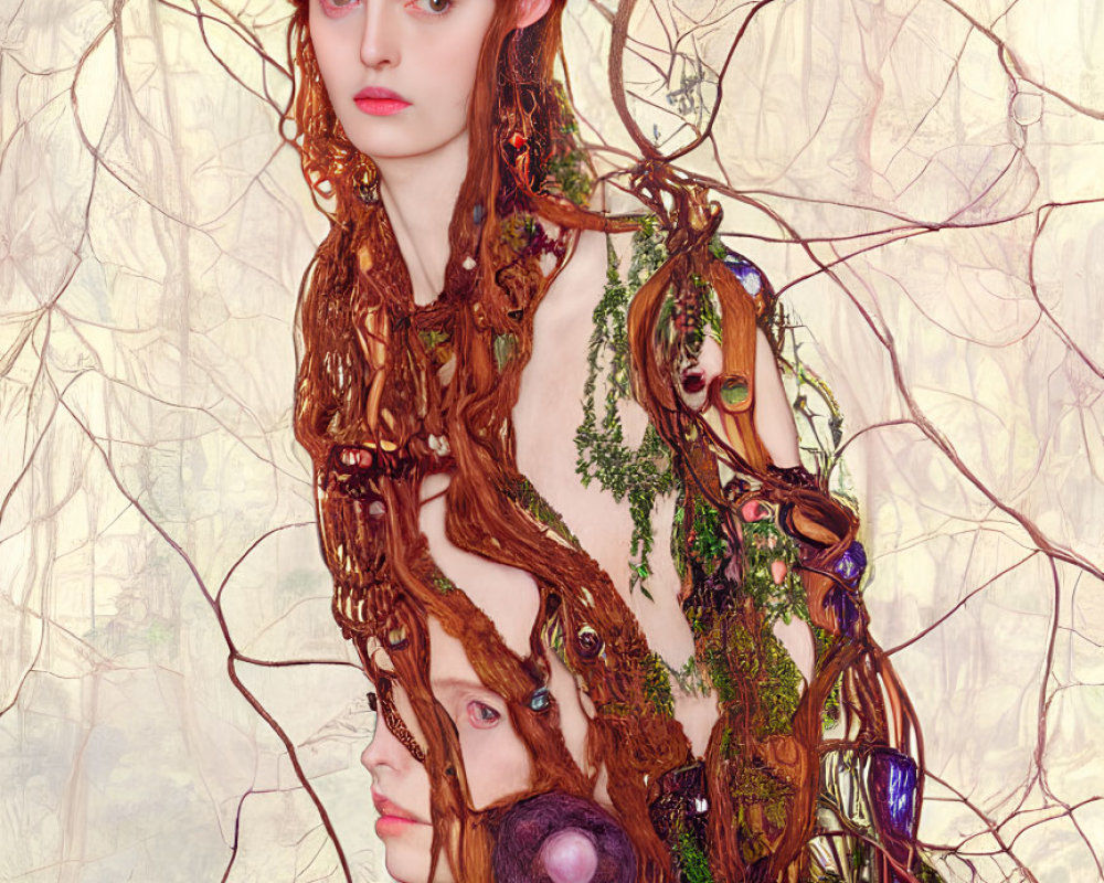 Detailed illustration of two ethereal women with intertwined tree branch-like hair adorned with leaves.