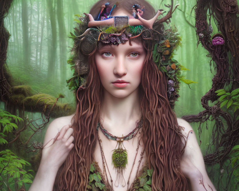 Woman wearing mystical forest crown surrounded by lush greenery and birds.