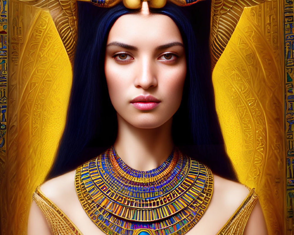 Digital portrait of woman styled as Egyptian pharaoh with headdress and ornate collar