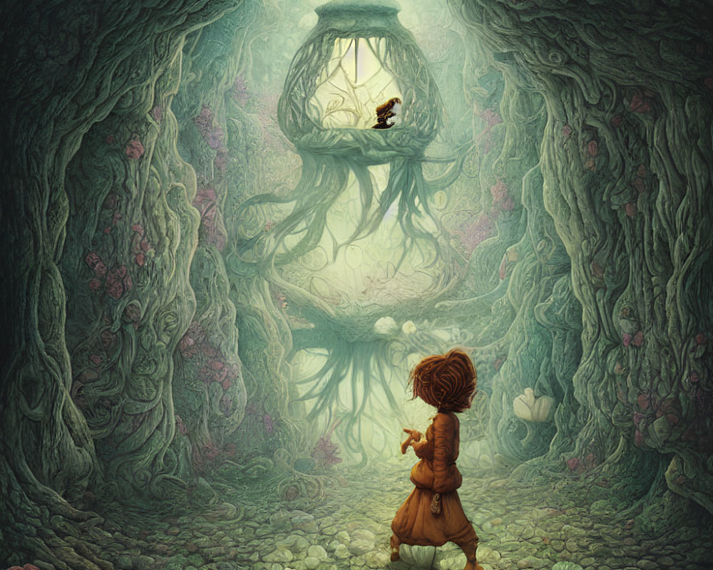 Child in brown outfit gazes at magical lantern in forest cave with tiny creature, roots, and water