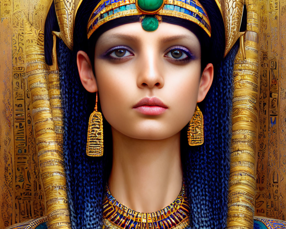 Detailed Ancient Egyptian Queen Portrait with Golden Headdress & Hieroglyphic Background