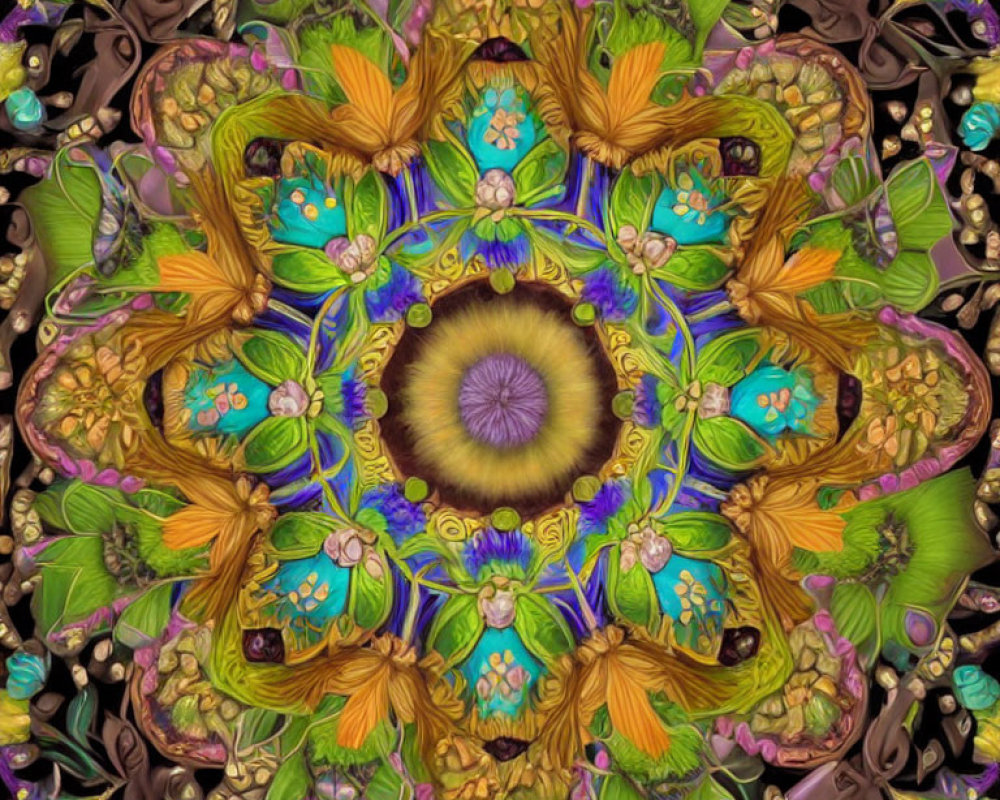 Symmetrical Kaleidoscopic Pattern with Floral Motifs in Rich Color Palette