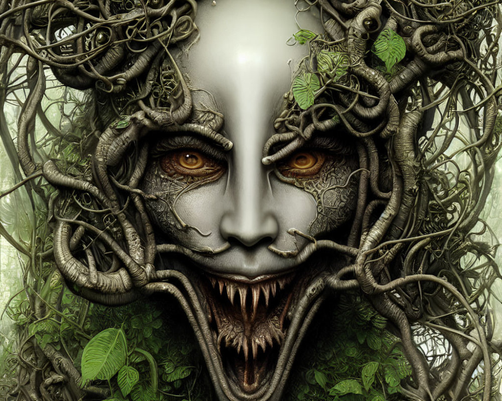 Surreal face with intense eyes, vines, and mechanical elements