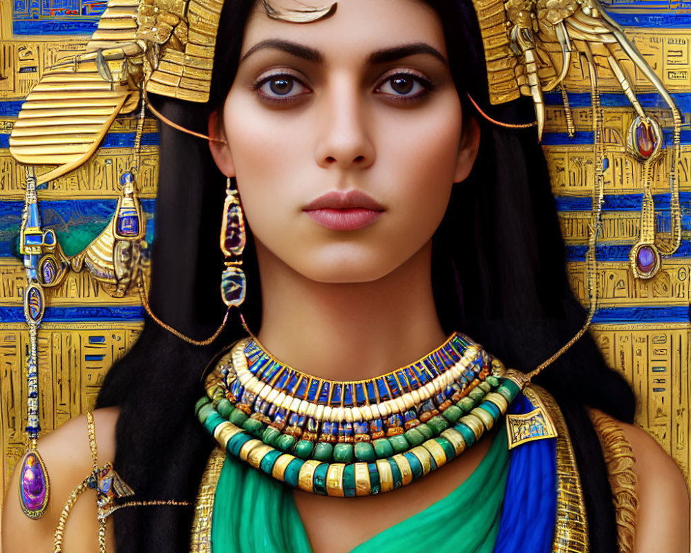 Ancient Egyptian woman in royal attire with golden headdress and blue shawl