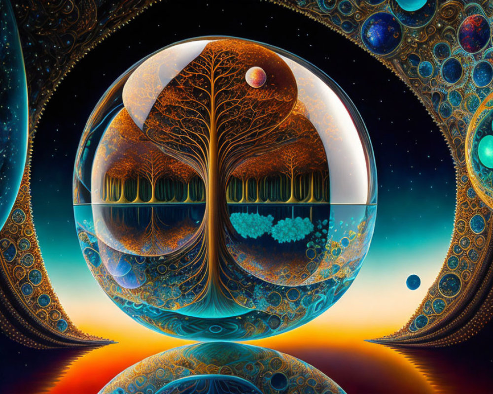 Vibrant tree in sphere with fractal patterns and celestial bodies