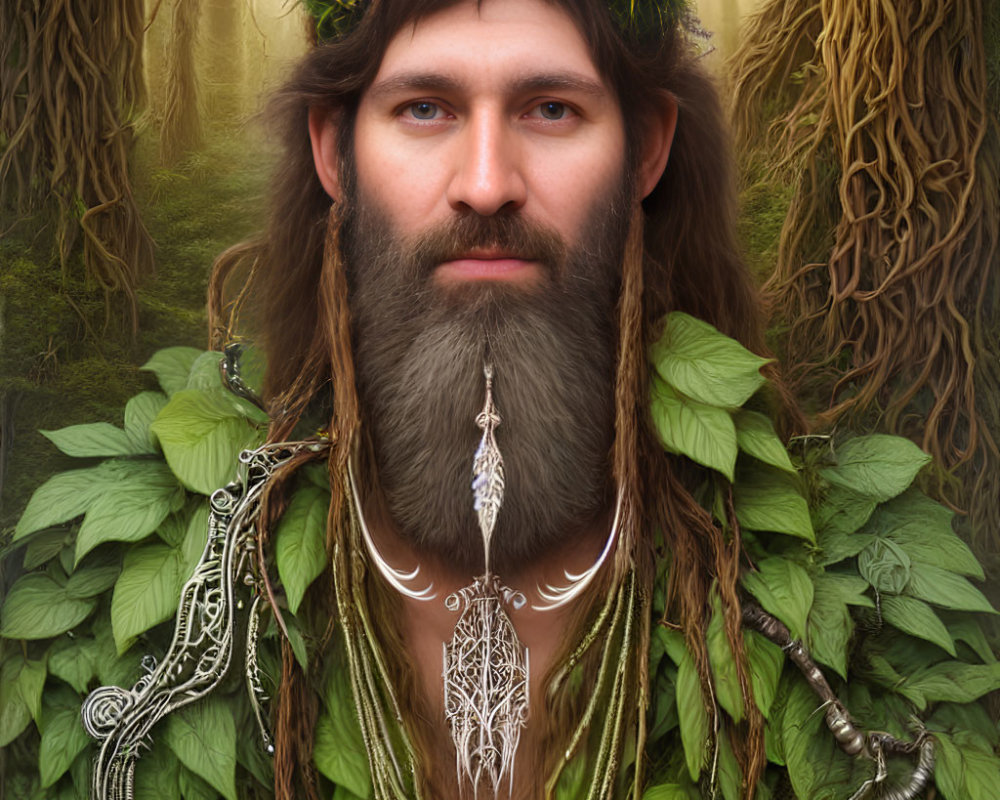 Bearded man with leafy crown and forest backdrop