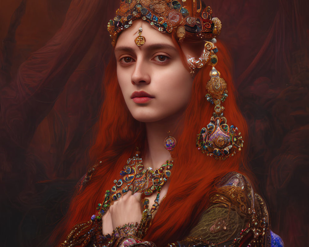 Portrait of Woman with Red Hair in Jewel-Encrusted Crown and Ornate Clothing