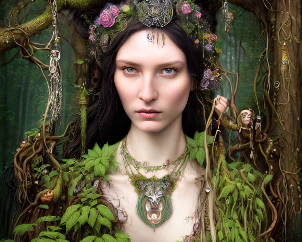 Enchanted forest scene with woman in leafy attire and fairy companion