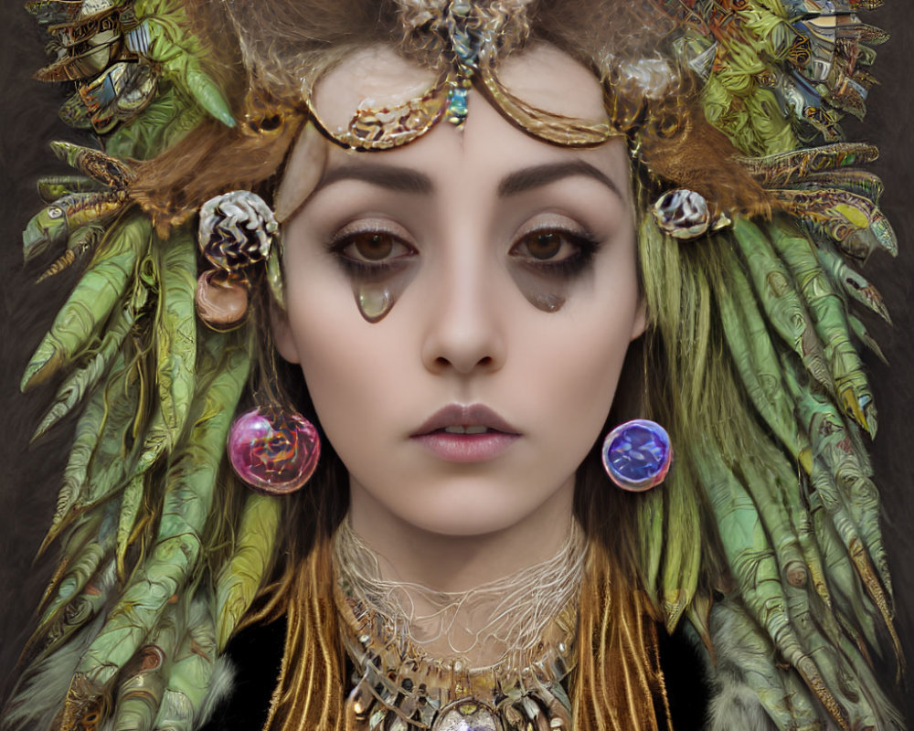 Intense gaze woman with feathered headdress and tribal jewelry