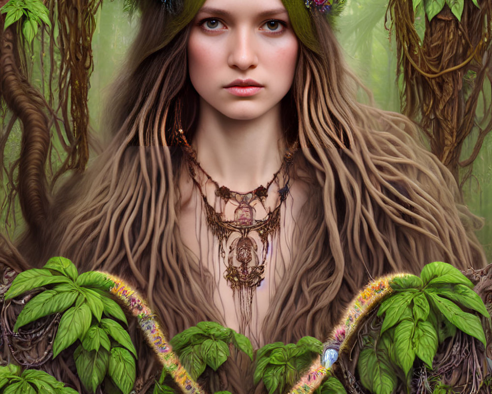 Woman with forest-themed headdress and snake in lush foliage