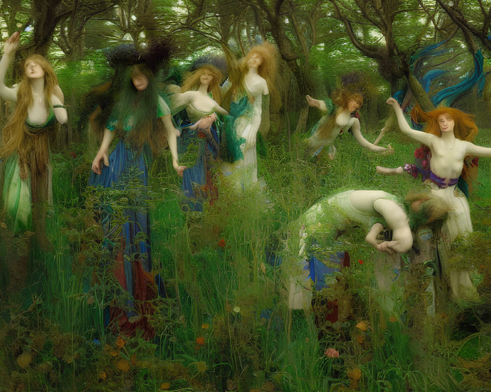 Ethereal women in flowing dresses in enchanted forest scene