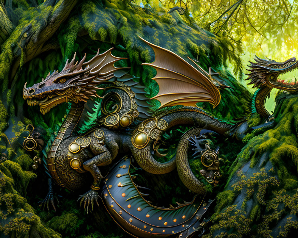 Majestic green and bronze dragon in lush forest setting