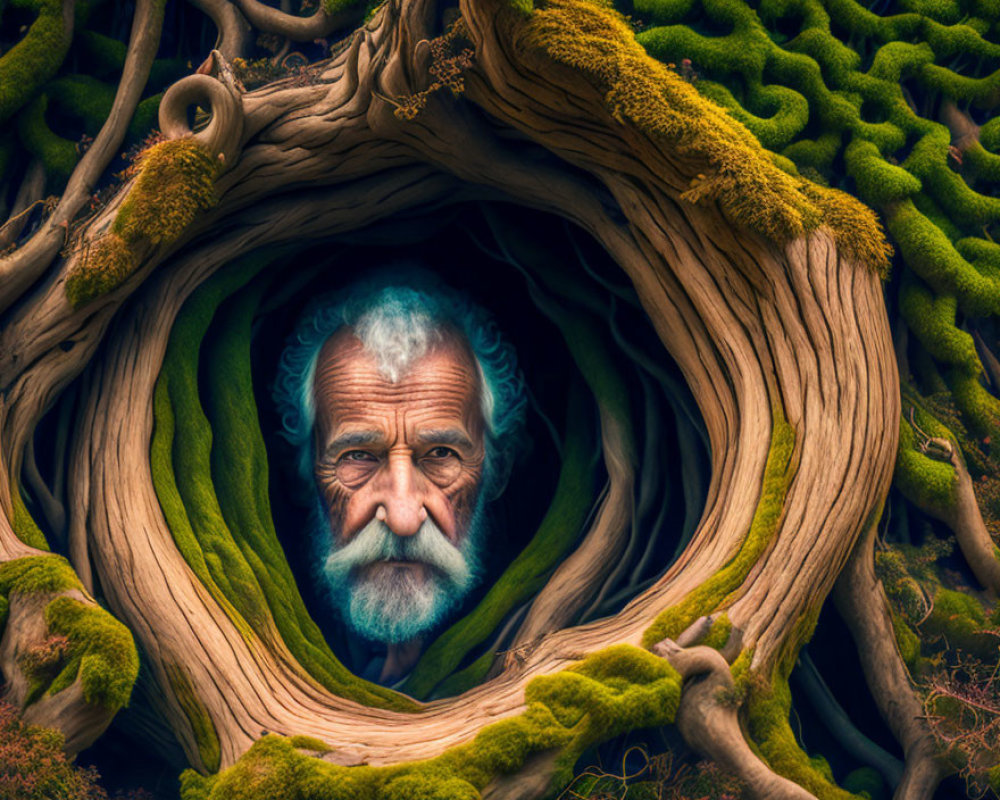 Serious elderly man gazes through circular opening in nature.