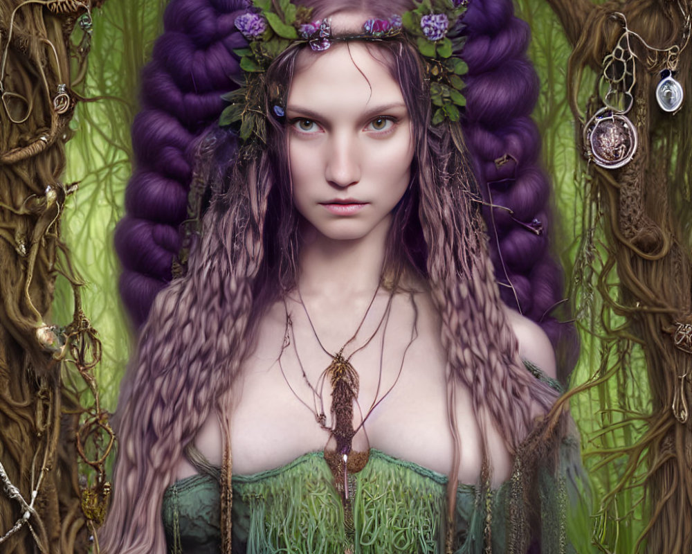 Mystical woman with purple braids in forest setting