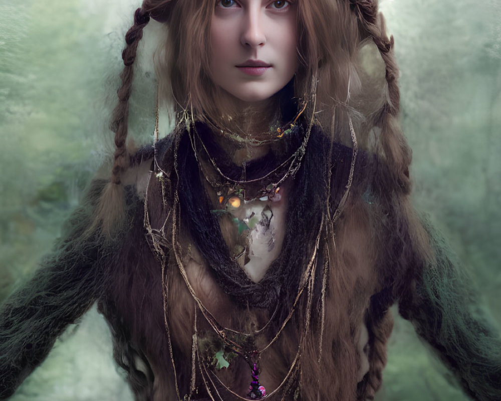 Mystical female figure with braided hair in foggy forest