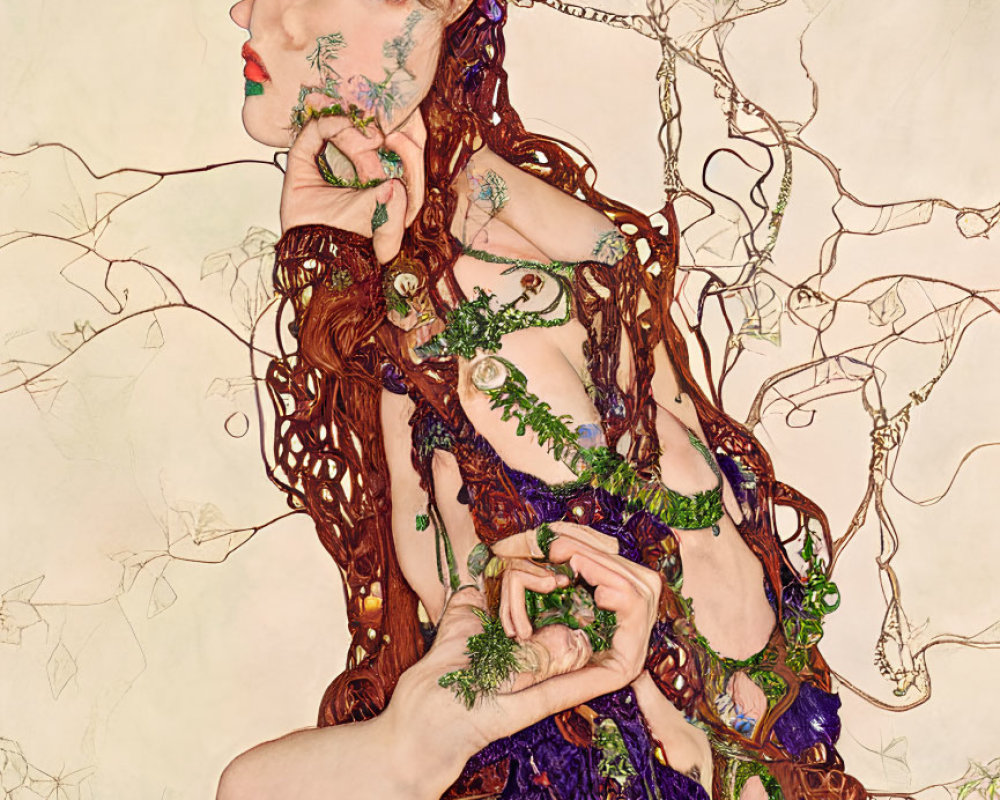 Person with Intertwined Vines and Flowers in Braided Hair, Cream Background