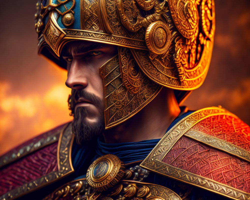 Detailed Bearded Man in Ornate Golden Helmet Against Fiery Sky