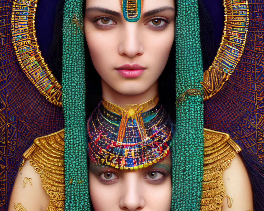 Elaborate Ancient Egyptian Headdresses and Jewelry on Two Women