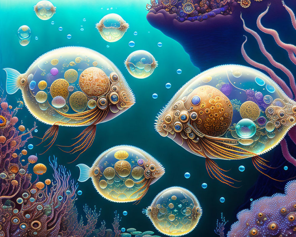 Vibrant Underwater Scene with Transparent Fish and Coral