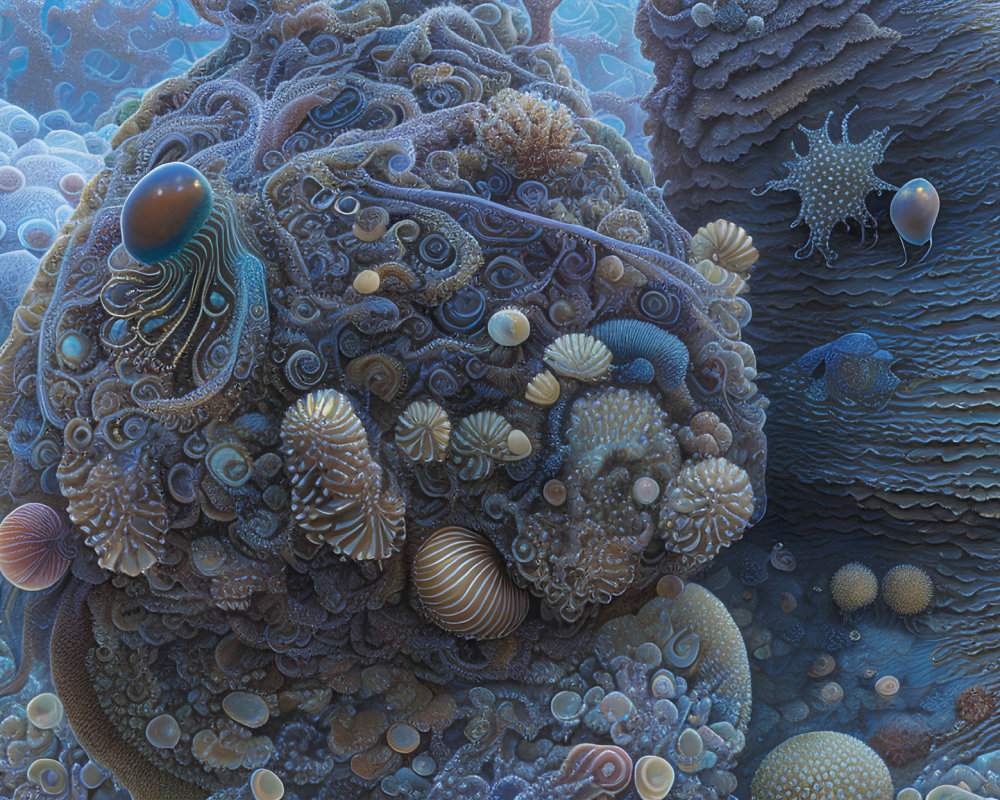 Abstract Fractal Art: Coral Reef Ecosystem in Blue and Brown