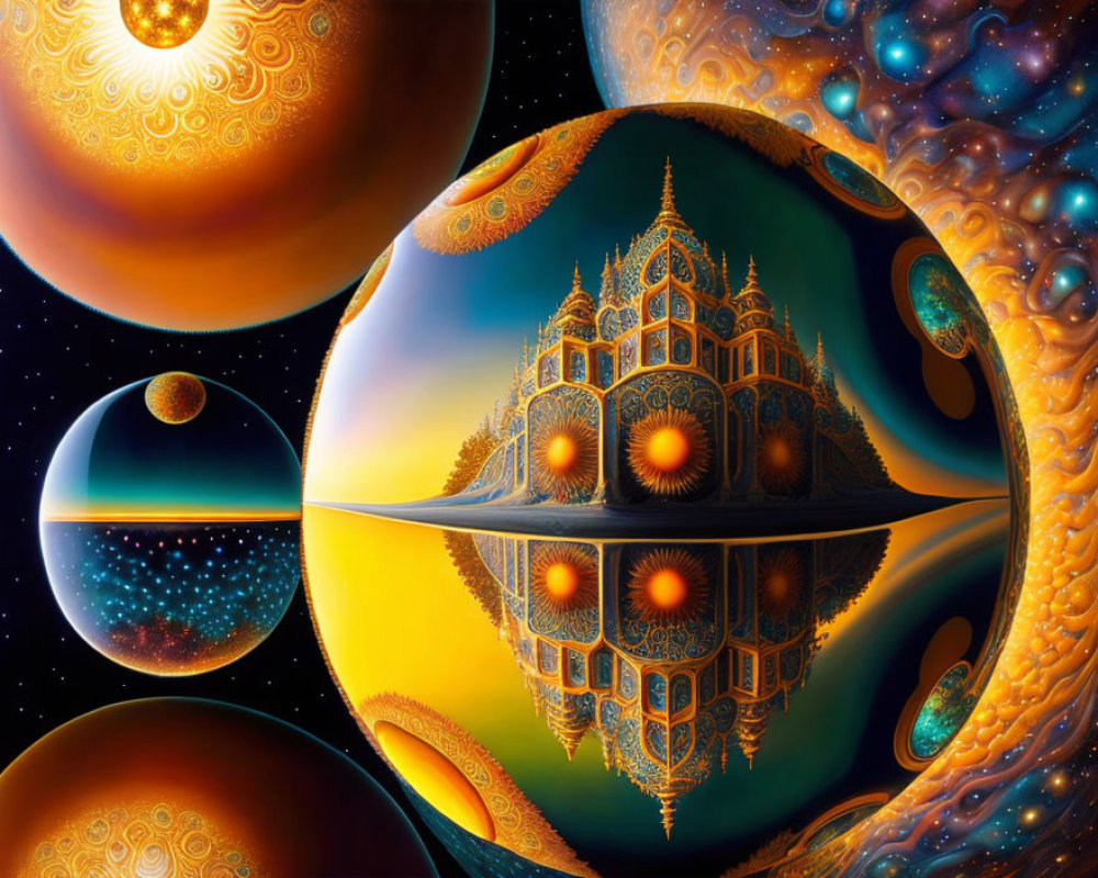 Ornate structures on reflective spheres in cosmic scene