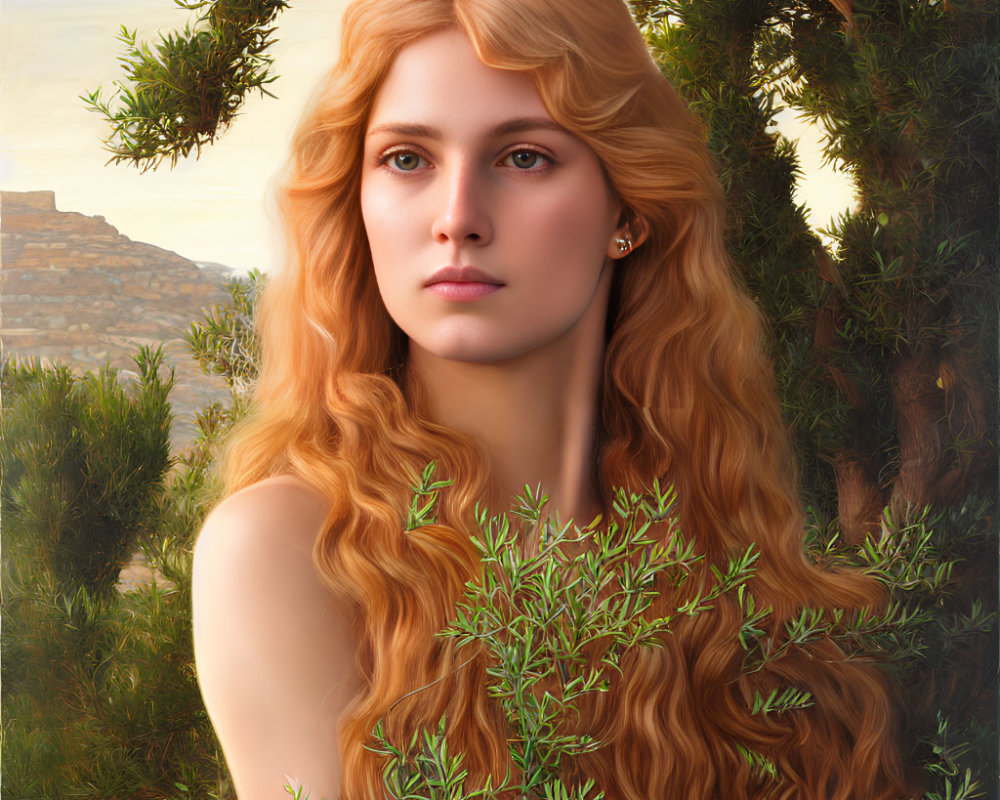 Portrait: Woman with Auburn Hair, Green Eyes, Serene Expression