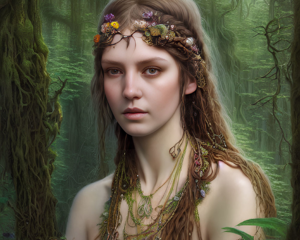 Woman with floral crown and necklaces in misty forest, thoughtful expression