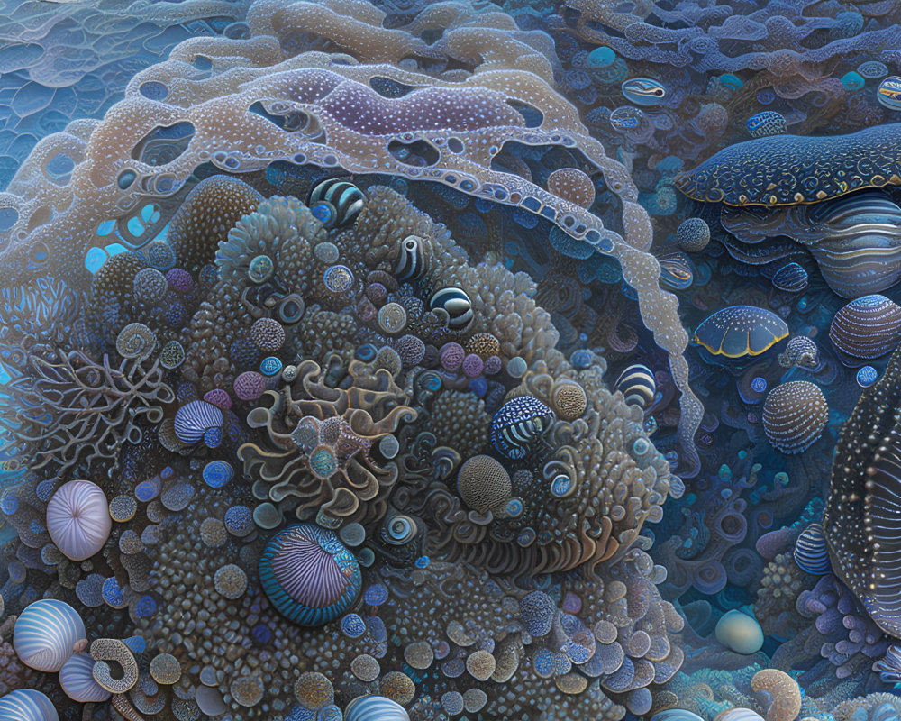 Detailed underwater digital artwork with textured corals, sea creatures, and marine life in blues and purp