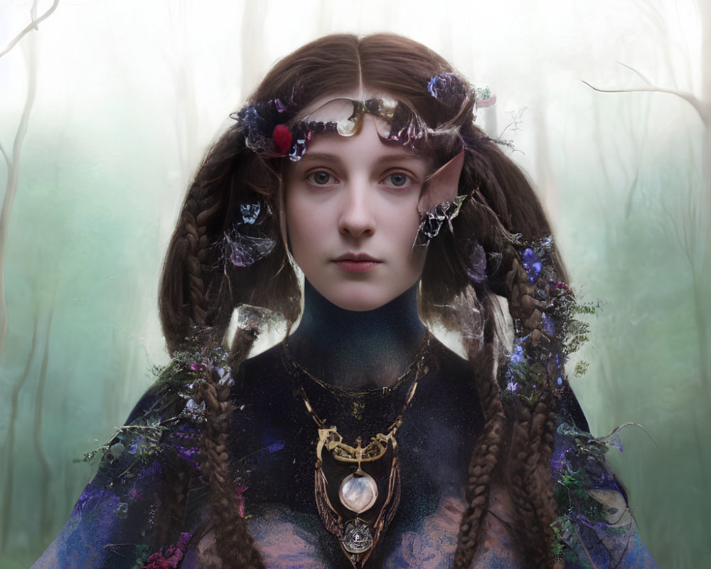 Young woman with floral crown and ethereal appearance.