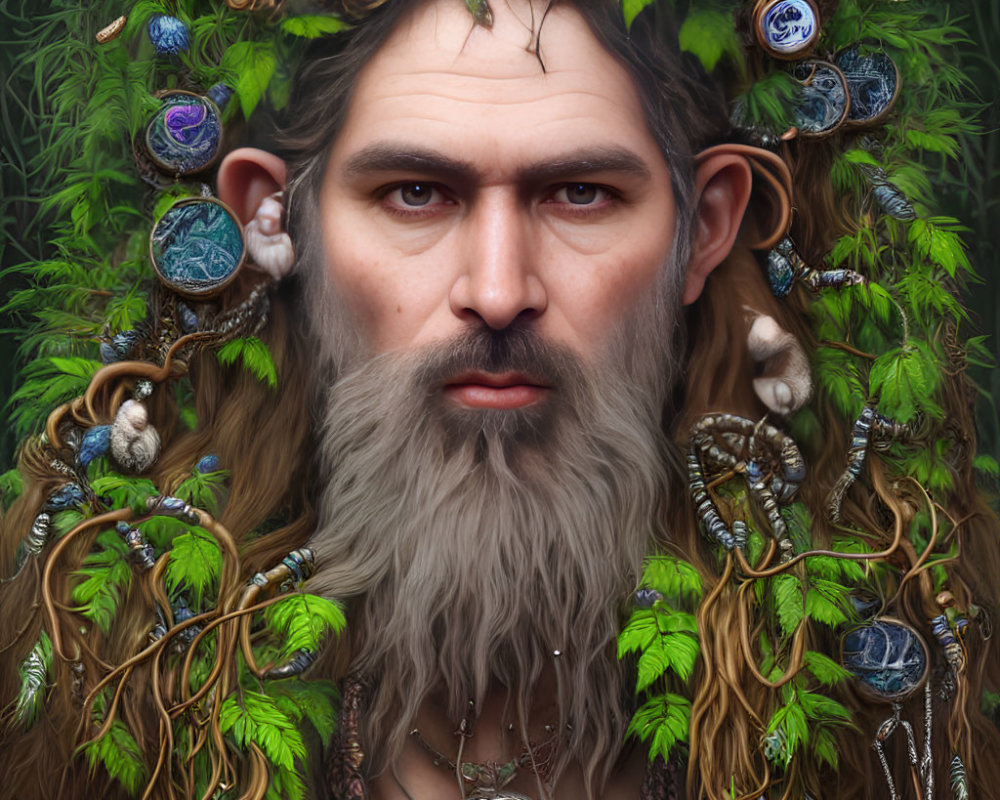 Portrait of a man with crown of leaves and mystical ornaments