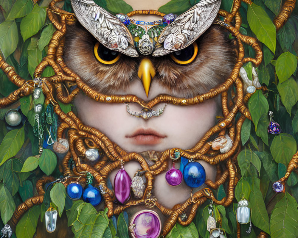 Surreal portrait of owl-human hybrid with ornate jewelry and green foliage.