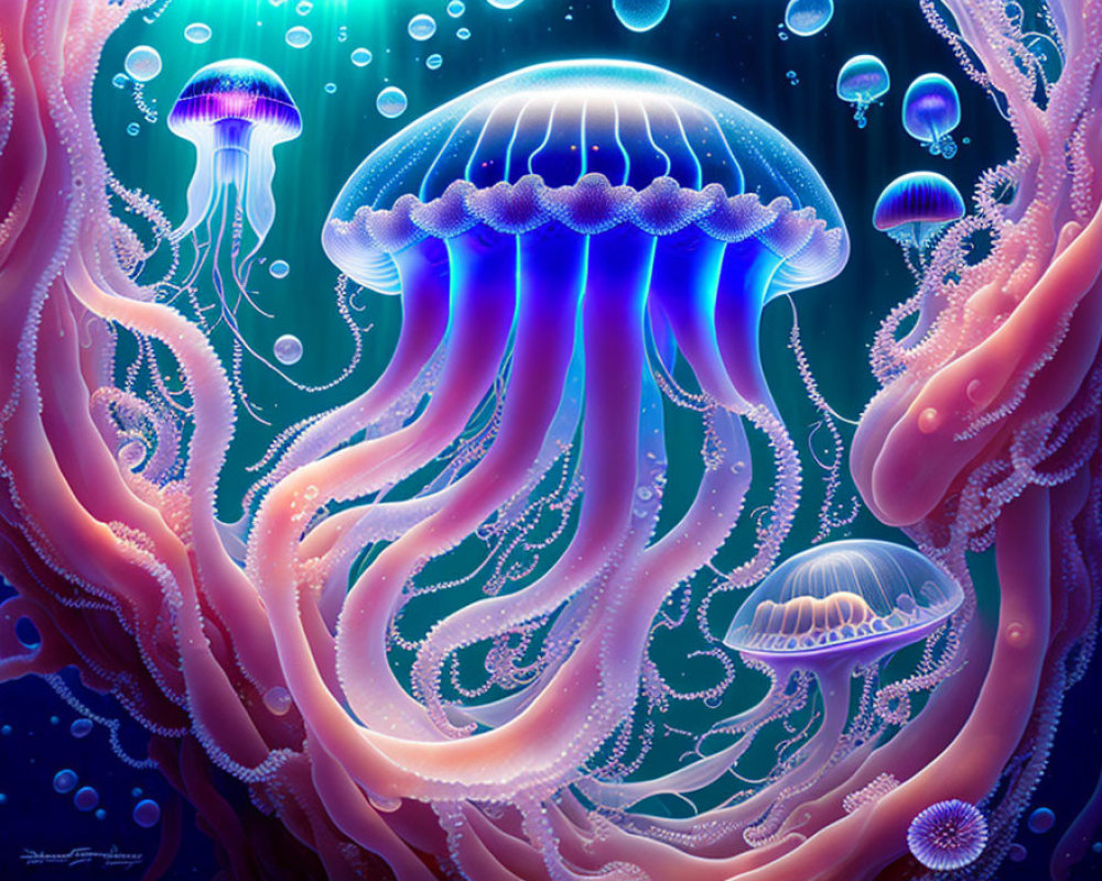 Colorful digital jellyfish art in luminous ocean setting