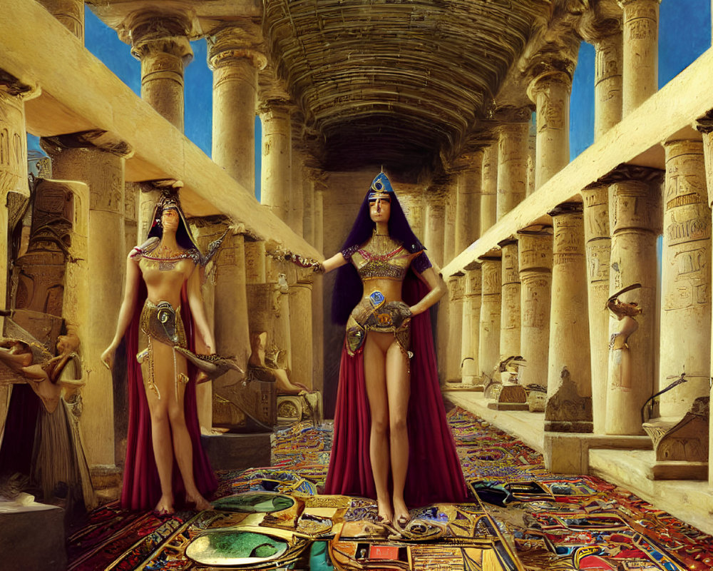 Ancient Egyptian woman in temple corridor with hieroglyphics and statues