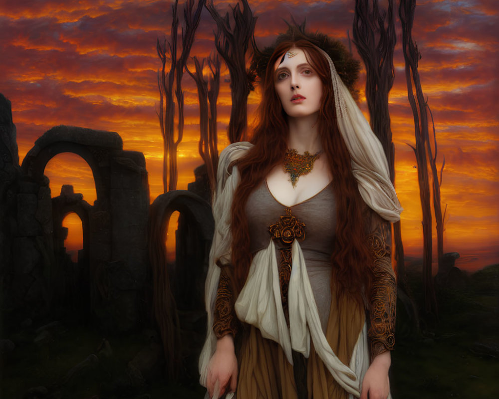 Medieval-style woman in dramatic sunset with ruins and bare trees