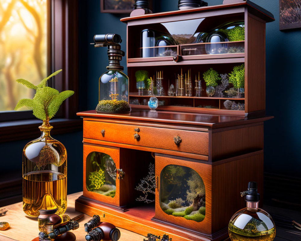 Vintage Wooden Cabinet with Glass Terrariums, Plants, and Scientific Equipment Against Teal Wall and Autumn