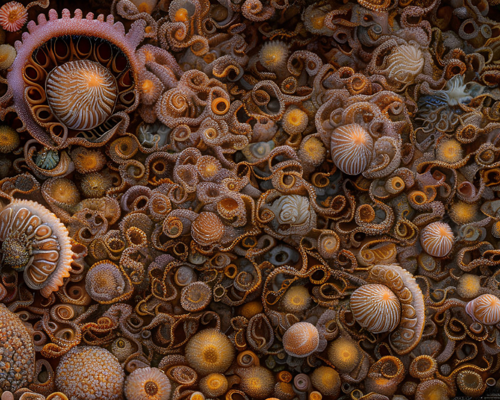 Detailed Artwork of Sea Anemones and Marine Textures in Rich Oranges and Browns