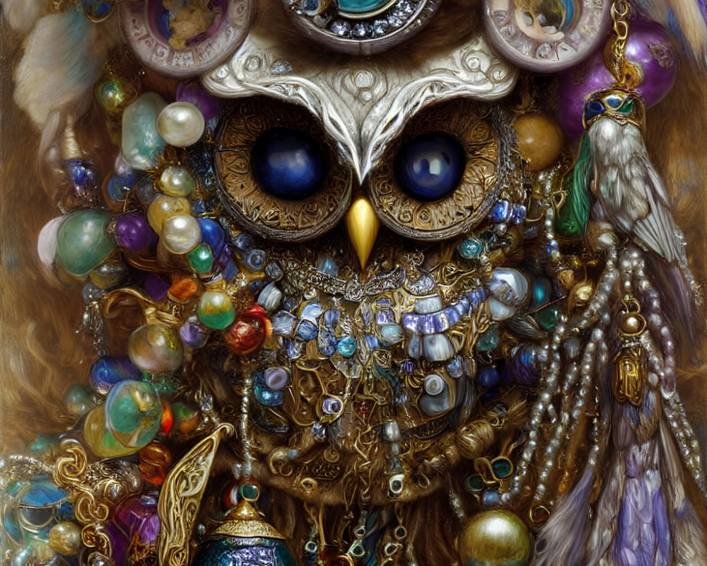 Detailed owl adorned with extravagant jewelry and trinkets.