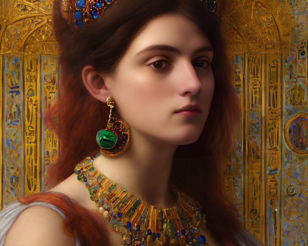 Woman portrait with jeweled crown and intricate golden patterns - regal and historical ambiance