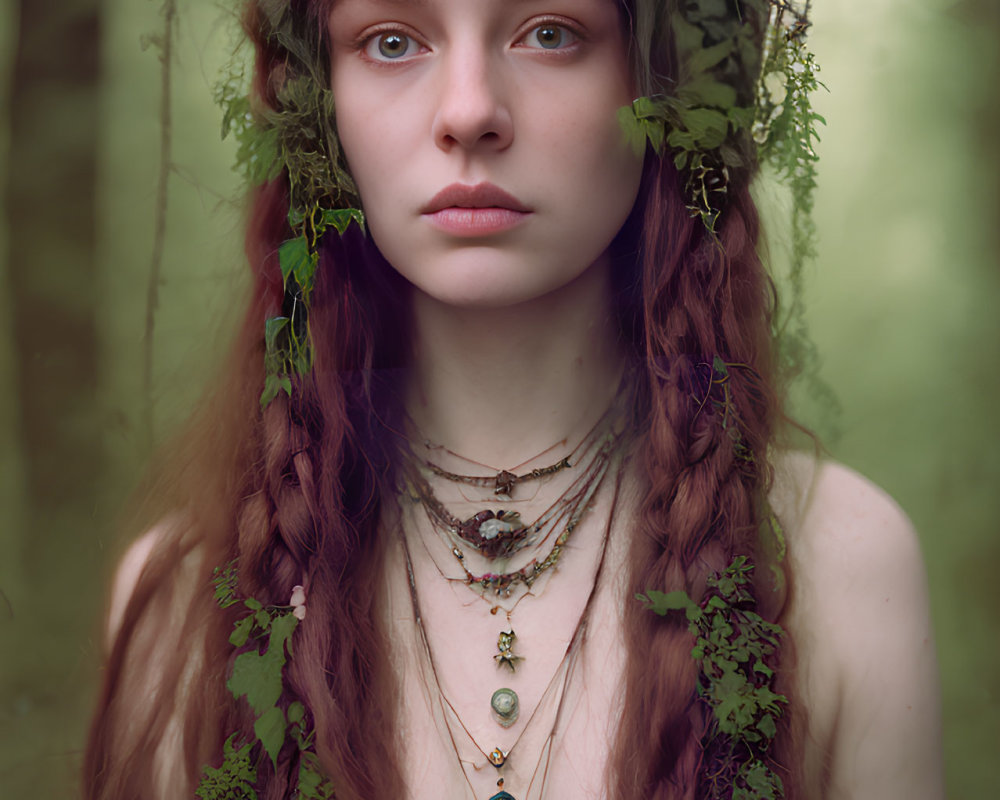 Woman with braided hair and jeweled necklace in serene forest setting