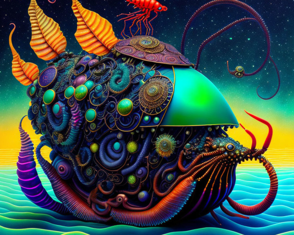 Colorful surreal sea creature illustration with tentacles and fins against starry sky