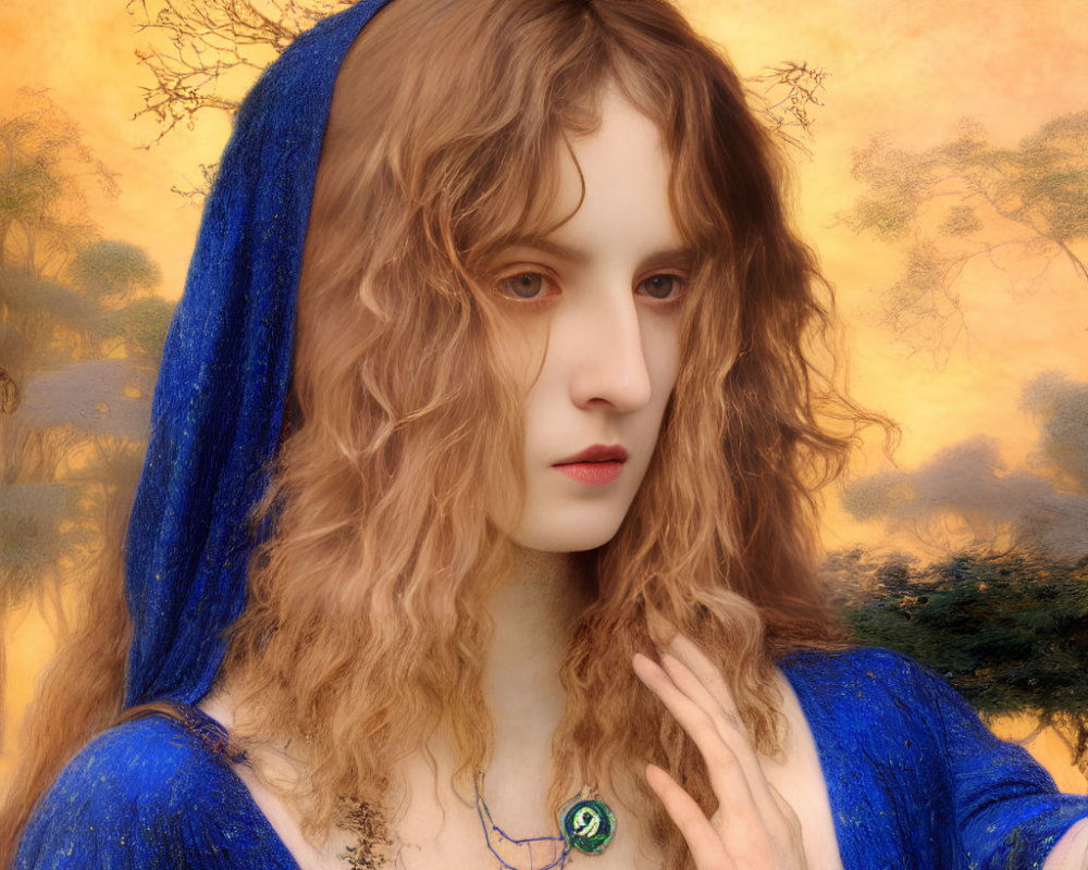 Portrait of woman with curly hair in blue cloak and green necklace on golden background with trees