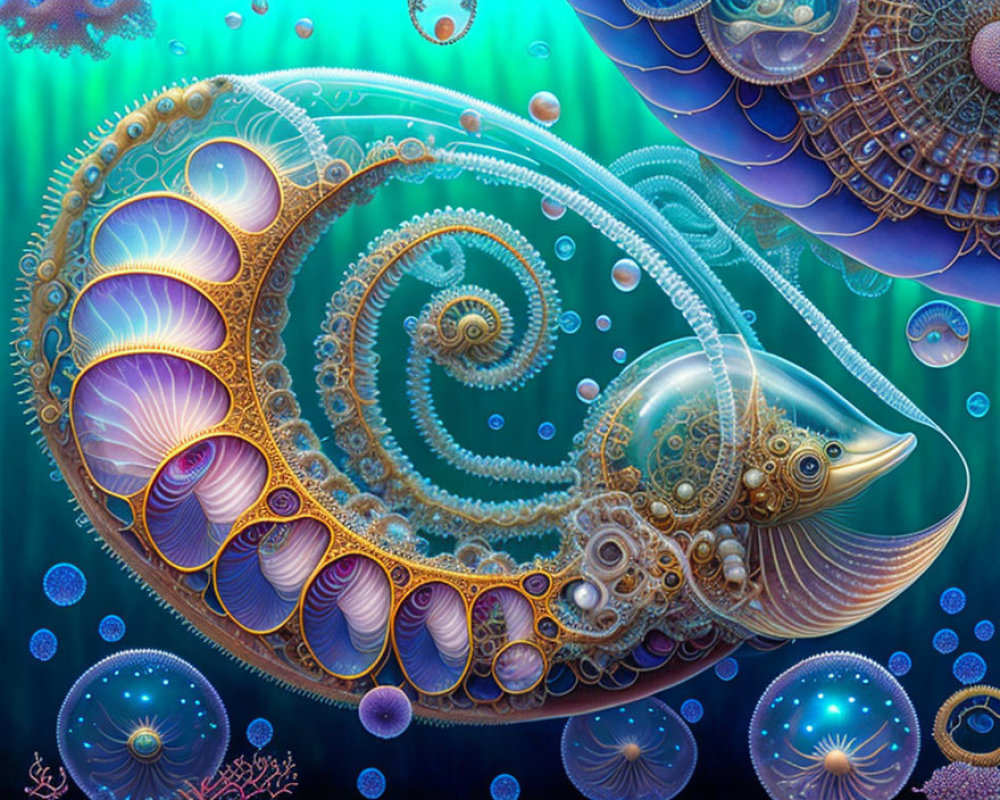 Colorful Nautilus-Like Creature with Spiral Patterns in Underwater Scene